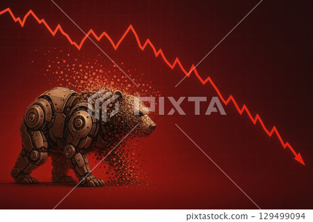 Mechanical bear dissolves into pixels under falling red stock market finance graph symbolizing decline and loss in financial markets with futuristic robotic design Mechanical bear dissolves into pixels under falling red stock market finance graph symbolizing decline and loss in financial markets with futuristic robotic design 129499094