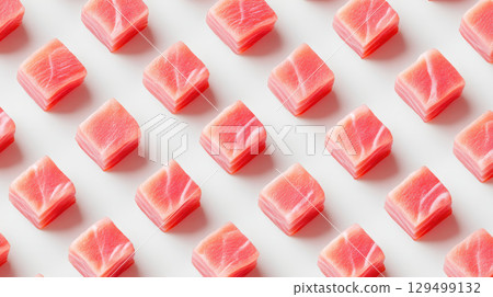 Fresh pink tuna cubes arranged in pattern on white surface, showcasing texture and color of raw fish for culinary use in sushi or sashimi preparation 129499132