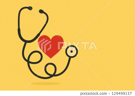 Stethoscope with red heart shape on yellow background symbolizing heart health and medical care, conveying warmth and care in healthcare concept 129499137
