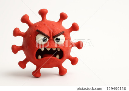 Angry red virus character with expressive eyes and sharp teeth isolated on white background, symbolizing health threat and infection danger in vivid 3D render 129499138