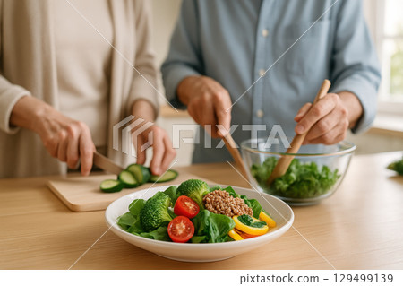 Healthy salad with fresh vegetables and grains on plate with two people preparing food together in background, creating warm and wholesome cooking atmosphere 129499139