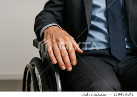 Hand resting on wheelchair arm in corporate outfit showing professionalism and determination in close up high quality with focus on hand and suit 129499141