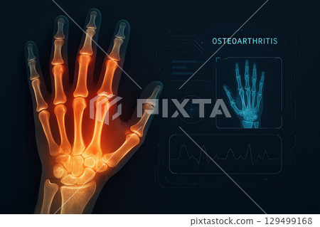 Joint pain concept shown in x ray of hand with highlighted inflammation indicating osteoarthritis medical health diagnosis using anatomy medical scan technology for treatment 129499168