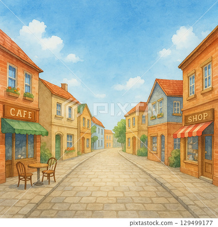 鵝卵石咖啡館街道和藍天歐洲城鎮風景水彩畫 鵝卵石咖啡館街道和藍天歐洲城鎮風景水彩畫 129499177
