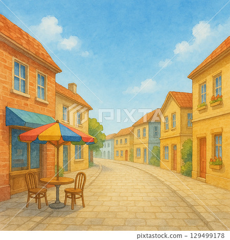 Street corner with cobblestone shopping street and terrace seating, watercolor illustration 129499178