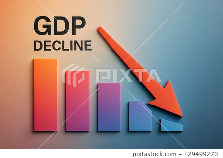 GDP decline concept with red arrow pointing downwards on colorful bar chart symbolizing economic recession and financial crisis during stock market decline 129499270