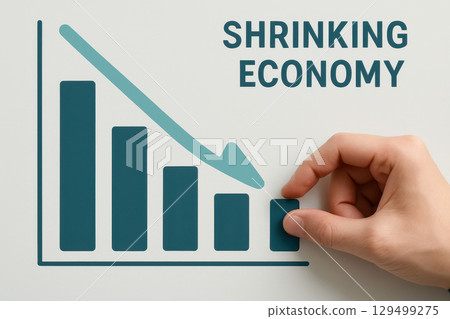 Shrinking economy concept with hand adjusting bar chart showing stock market decline during financial crisis and economic recession affecting growth and investment trends 129499275