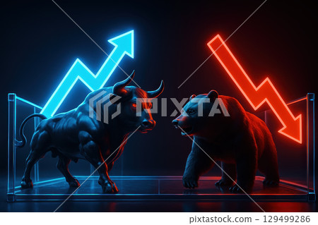 Bull and bear statues symbolize stock market finance trends with glowing blue upward and red downward arrows representing market growth and decline in dramatic dark setting 129499286