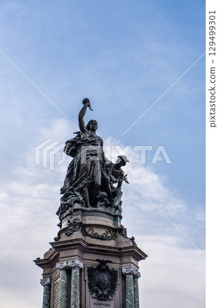 Largo Sao Sebastiao Square in Manaus, Amazonas, Brazil in front of the Teatro Amazonas with a fountain in the center. 129499301
