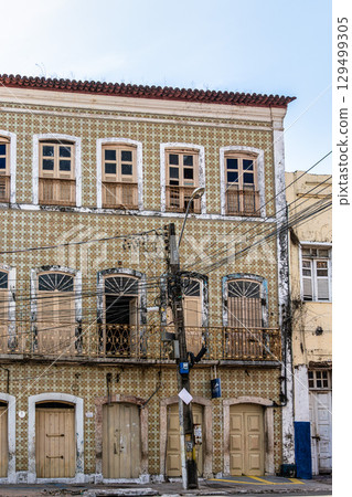Traditional Portuguese colonial architecture color and style on Rua do Ribeirao street in Sao Luis, Brazil 129499305