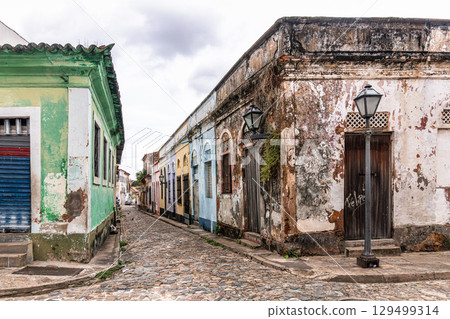 Traditional Portuguese colonial architecture color and style on Rua da Palma street in Sao Luis, Brazil 129499314