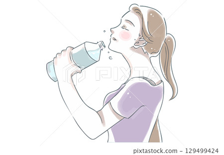 A woman who drinks water after exercising 129499424