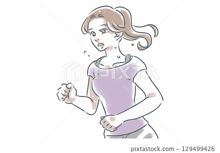 Illustration of a woman running while sweating Illustration of a woman running while sweating 129499426