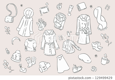 Winter clothes and accessories line drawing illustration set Winter clothes and accessories line drawing illustration set 129499429
