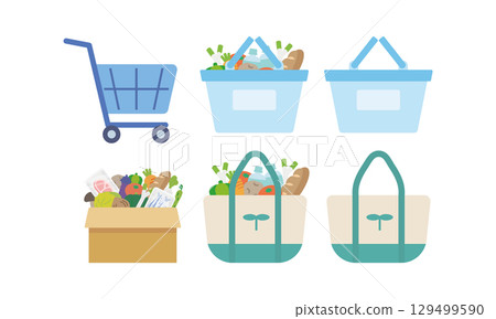 Set of basket, eco bag and shopping cart illustrations 129499590
