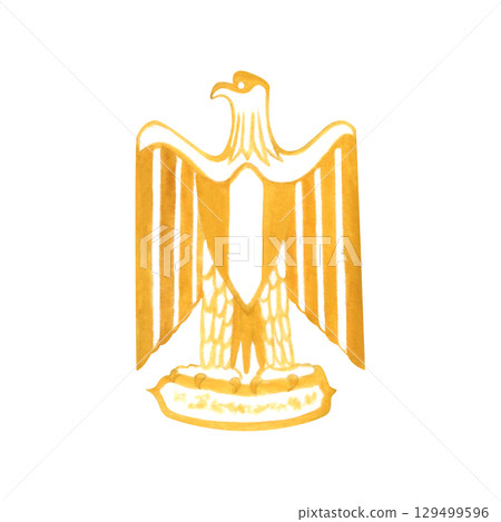 Egyptian symbol of gold eagle. Element of flag of Egypt. Hand drawn watercolor illustration isolated from background. For souvenir products, patterns, postcards on national holidays Egyptian symbol of gold eagle. Element of flag of Egypt. Hand drawn watercolor illustration isolated from background. For souvenir products, patterns, postcards on national holidays 129499596