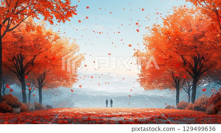 Autumn landscape illustration featuring a tree-lined road lined with autumn leaves and the silhouettes of two people 129499636