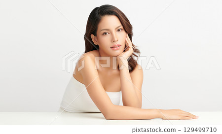A beautiful young Asian woman with clean, fresh skin against a white background. Skincare, facial treatment, cosmetology, beauty, and spa. An elegant portrait of an Asian woman. 129499710