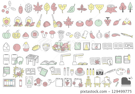 秋季自然、美食、學習和藝術圖標集 129499775
