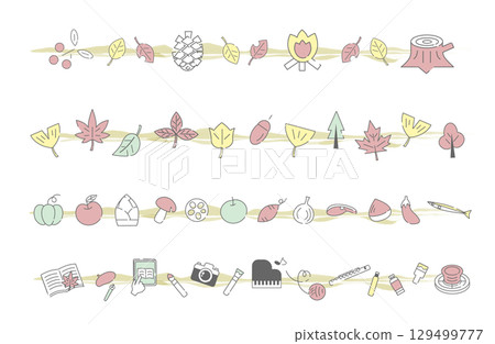 Horizontal line material with autumn motifs such as leaves, food, and art Horizontal line material with autumn motifs such as leaves, food, and art 129499777