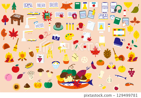 色彩繽紛的秋季圖標集，包括落葉、閱讀、藝術和食物 129499781