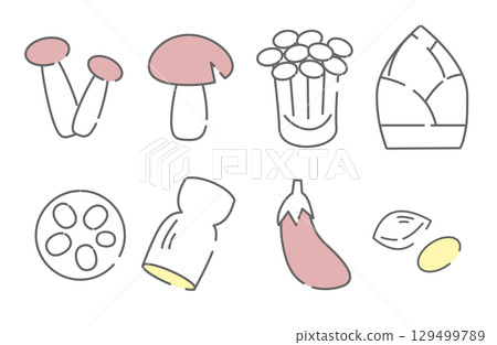 Autumn vegetable icon set (mushrooms, eggplant, lotus root, etc.) Autumn vegetable icon set (mushrooms, eggplant, lotus root, etc.) 129499789