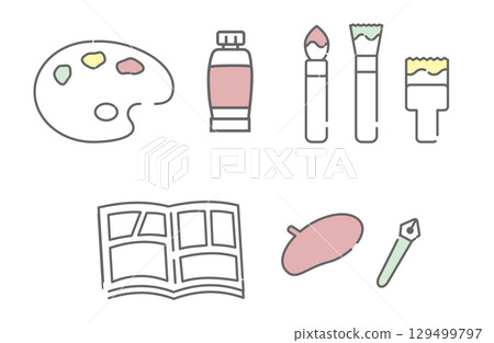 創意圖示集，包括顏料、畫筆和漫畫工具 129499797