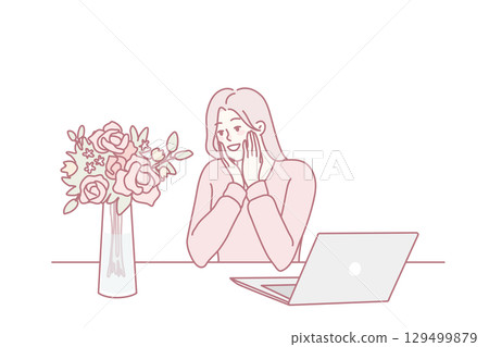 Happy woman stunned with flower delivery Happy woman stunned with flower delivery 129499879