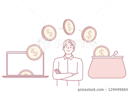 Coins flying from computer into wallet 129499884