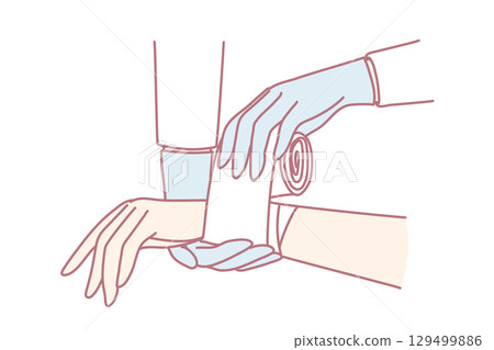 Doctor put bandage on patient wrist Doctor put bandage on patient wrist 129499886