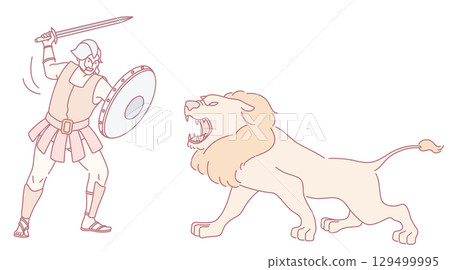 An Epic Heroic Battle A Fierce Warrior Faces a Mighty Lion in Stunning Illustration An Epic Heroic Battle A Fierce Warrior Faces a Mighty Lion in Stunning Illustration 129499995