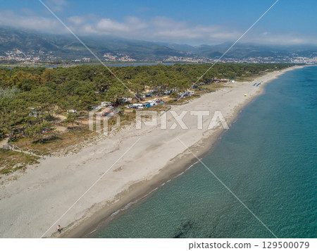 Aerial view of detail of campsite on Corsican coast near Bastia Etang de Biguglia Camping San Daminao Beachside Corse 129500079