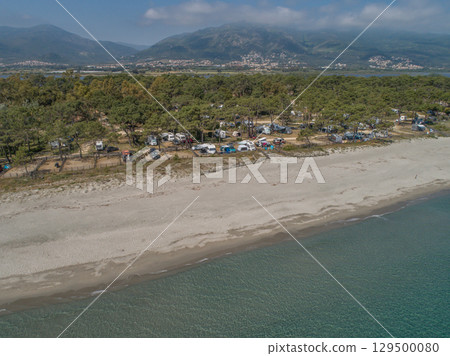 Aerial view of detail of campsite on Corsican coast near Bastia Etang de Biguglia Camping San Daminao Beachside Corse 129500080