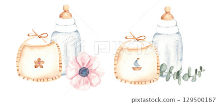 Set of Newborn Baby Compositions for Boy and Girl, Twins. Bib with a boat and flower, Bottle for milk, anemone and eucalyptus branch. Watercolor hand drawn illustration of cute Infant accessories in Set of Newborn Baby Compositions for Boy and Girl, Twins. Bib with a boat and flower, Bottle for milk, anemone and eucalyptus branch. Watercolor hand drawn illustration of cute Infant accessories in 129500167
