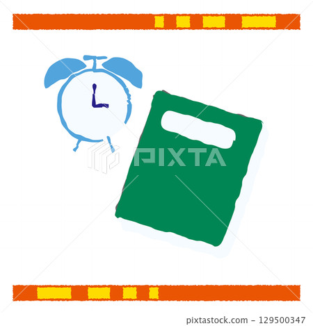 Illustration of a blue alarm clock and a green notebook 129500347