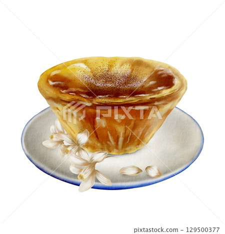 Pastel de Nata – a traditional Portuguese custard tart made of flaky pastry filled with rich egg custard,dusted with cinnamon,on a porcelain saucer with lemon blossom flowers.Watercolor illustration 129500377