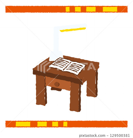 一張木桌上放著一盞燈和一本書的插圖 129500381