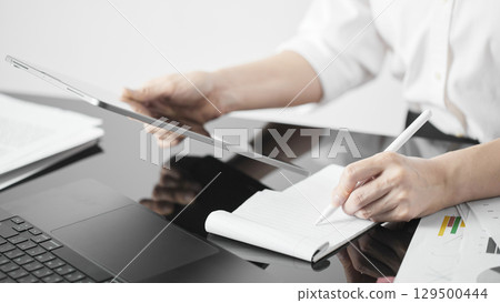 Business concept. A confident gesture by a female leader with leadership and innovative attitude. Business concept. A confident gesture by a female leader with leadership and innovative attitude. 129500444