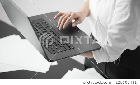 Business concept. A confident gesture by a female leader with leadership and innovative attitude. 129500481