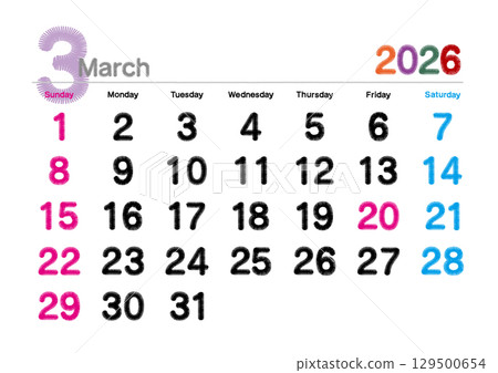 2026 年 3 月刺繡字母日曆（週日開始） 129500654