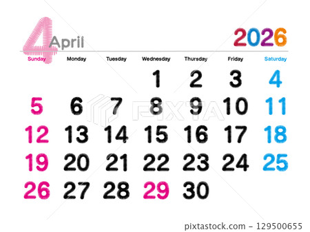 2026 年 4 月刺繡字母日曆（週日開始） 129500655