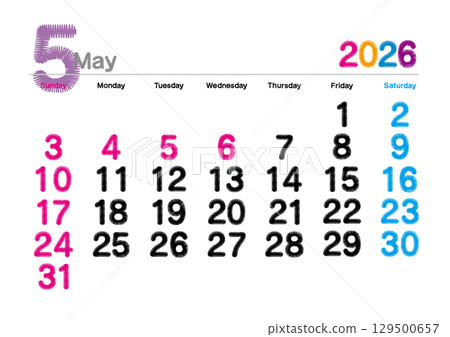 Embroidered letter style calendar for May 2026 (Sunday start) 129500657