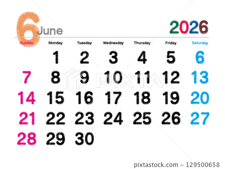 2026年6月繡花日曆(週日開始) 2026年6月繡花日曆(週日開始) 129500658