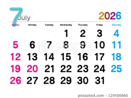 2026年7月繡花日曆(週日開始) 2026年7月繡花日曆(週日開始) 129500660