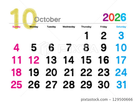 2026 年 10 月刺繡字母日曆（週日開始） 129500666