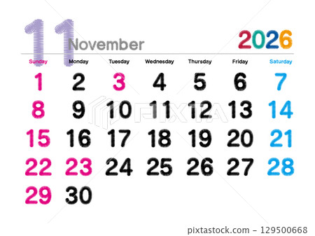 2026 年 11 月刺繡日曆(週日開始) 2026 年 11 月刺繡日曆(週日開始) 129500668