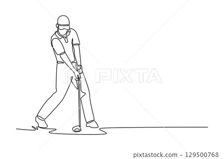 Continuous one line drawing male golfer in address position, bent over and focused on the ball, depicting intense concentration and anticipation before a powerful tee shot. Design vector illustration 129500768