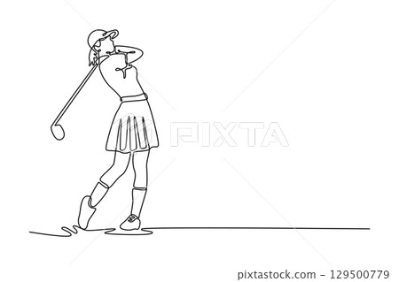 Single one line drawing woman golfer finishing her powerful swing with elegant follow through, depicting grace, athleticism, and beauty sport. Continuous line draw design graphic vector illustration 129500779