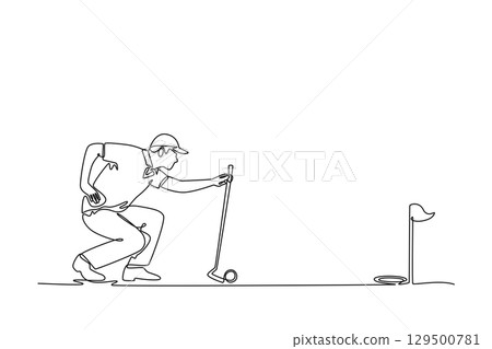 Single continuous line drawing man golfer lining up his shot, showcasing the concentration and precision required in golf. Healthy lifestyle. Dynamic one line draw graphic design vector illustration Single continuous line drawing man golfer lining up his shot, showcasing the concentration and precision required in golf. Healthy lifestyle. Dynamic one line draw graphic design vector illustration 129500781