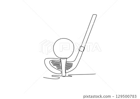 Single continuous line drawing golf balls, golf clubs, and the grass surface. Golf equipment. Sports that people play during the holidays for health. One line draw graphic design vector illustration Single continuous line drawing golf balls, golf clubs, and the grass surface. Golf equipment. Sports that people play during the holidays for health. One line draw graphic design vector illustration 129500783